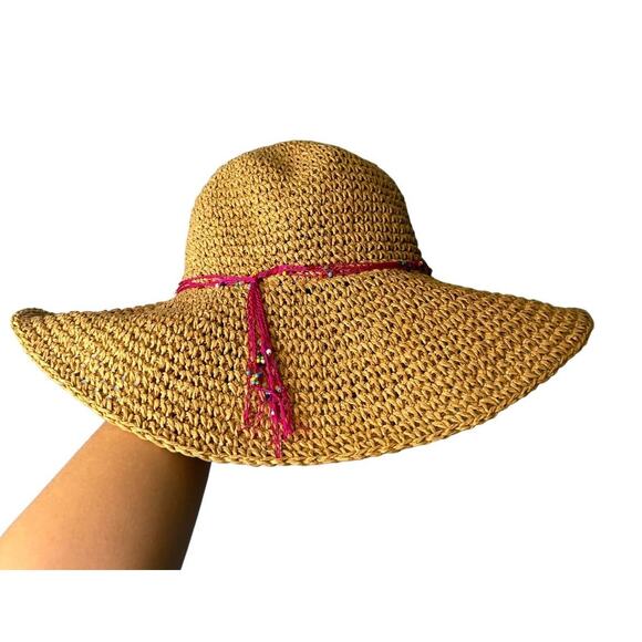 Vintage Floppy Hat Womens Raffia Straw Pink Beaded Beach Resort Vacation Y2k - Picture 1 of 5
